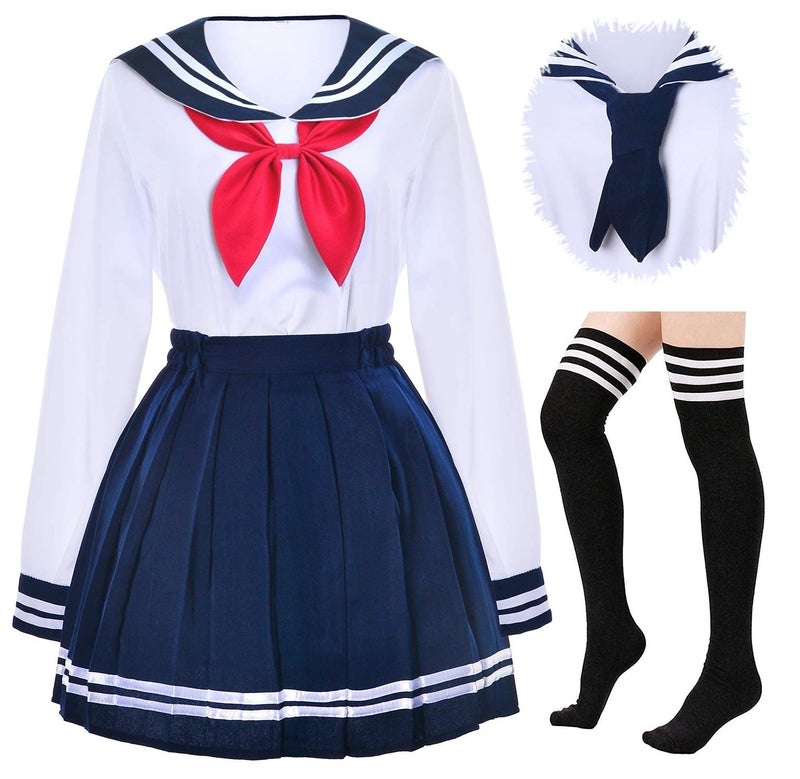 Elibelle Japanese School Girls Uniform Sailor Navy Blue Pleated Skirt Anime Cosplay Costumes with Socks Set(SSF13) XS(Tag S) - Image 1